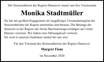 Traueranzeige von Monika Stadtmüller von Hannoversche Allgemeine Zeitung/Neue Presse