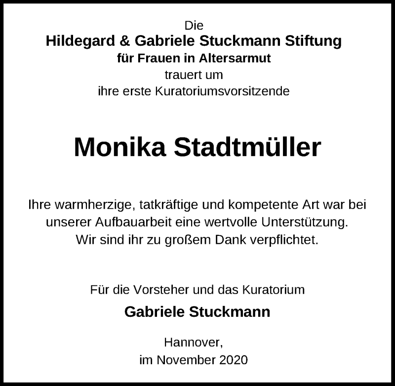  Traueranzeige für Monika Stadtmüller vom 07.11.2020 aus Hannoversche Allgemeine Zeitung/Neue Presse