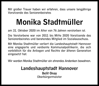 Traueranzeige von Monika Stadtmüller von Hannoversche Allgemeine Zeitung/Neue Presse