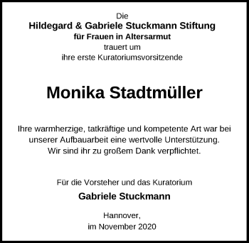 Traueranzeige von Monika Stadtmüller von Hannoversche Allgemeine Zeitung/Neue Presse