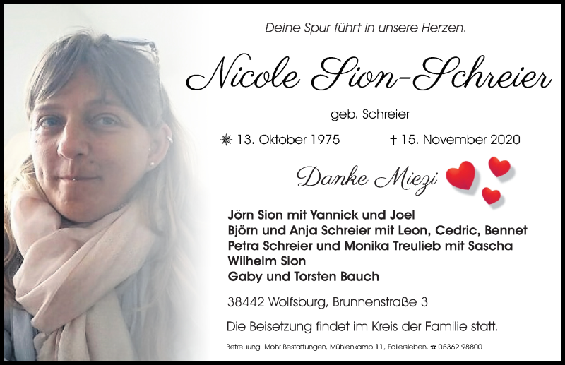  Traueranzeige für Nicole Sion-Schreier vom 21.11.2020 aus Aller Zeitung