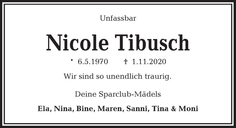  Traueranzeige für Nicole Tibusch vom 07.11.2020 aus Kieler Nachrichten