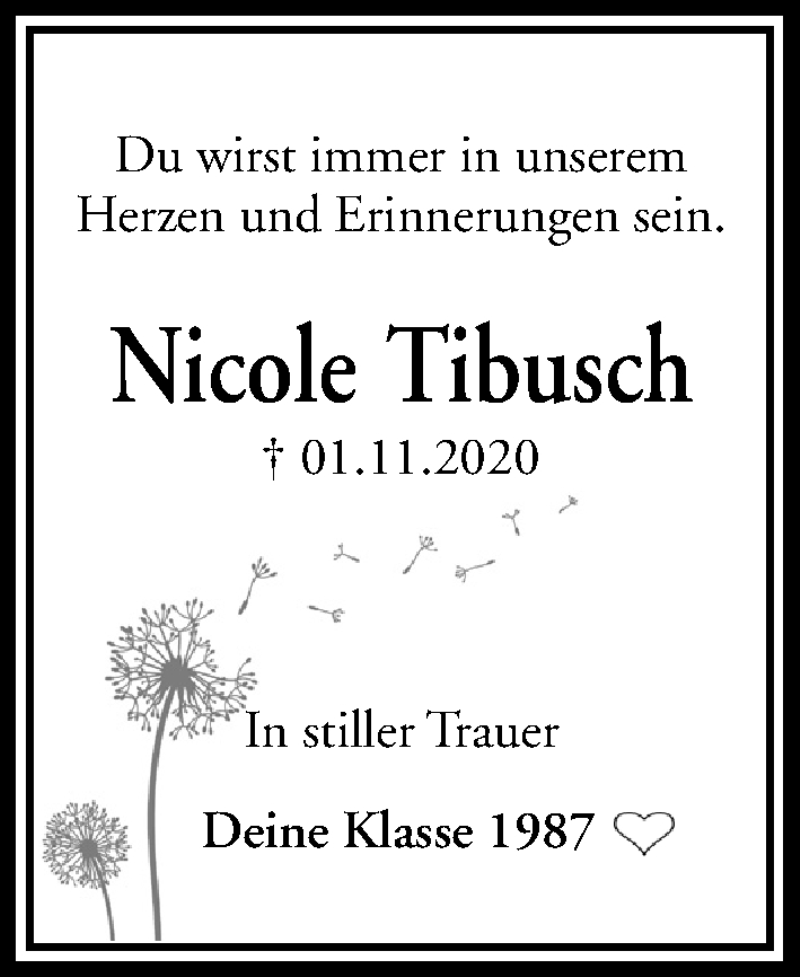  Traueranzeige für Nicole Tibusch vom 07.11.2020 aus Kieler Nachrichten