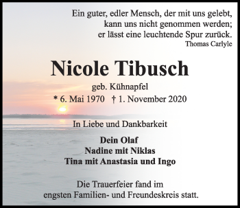 Traueranzeige von Nicole Tibusch von Kieler Nachrichten