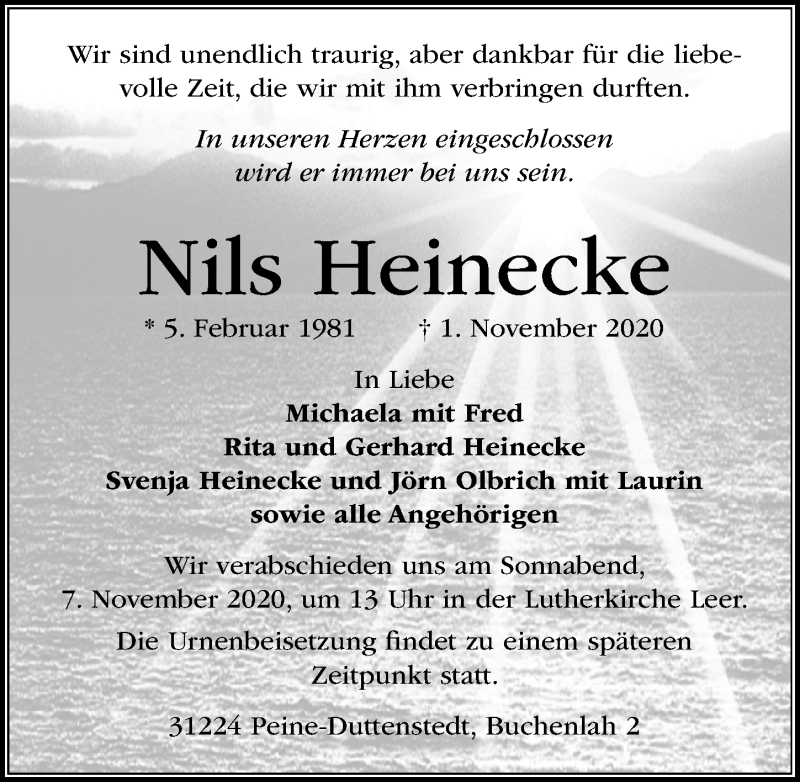  Traueranzeige für Nils Heinecke vom 07.11.2020 aus Peiner Allgemeine Zeitung