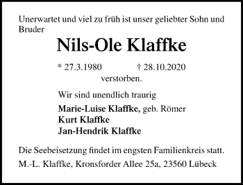 Traueranzeige von Nils-Ole Klaffke von Lübecker Nachrichten