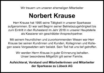 Traueranzeige von Norbert Krause von Lübecker Nachrichten