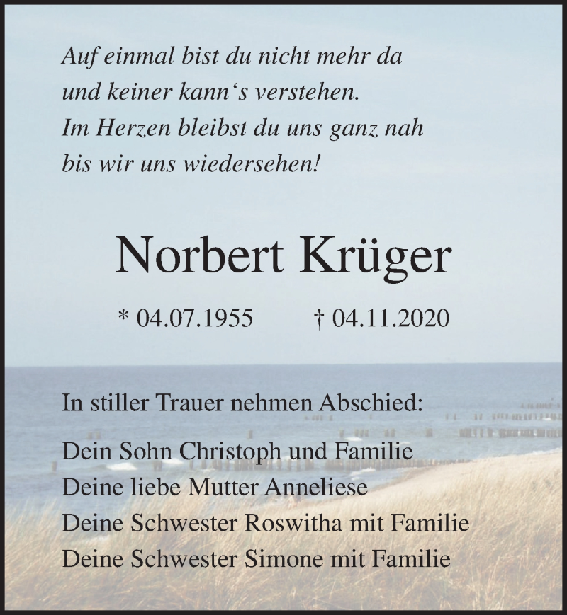  Traueranzeige für Norbert Krüger vom 14.11.2020 aus Ostsee-Zeitung GmbH