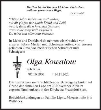 Traueranzeige von Olga Kowalow von Märkischen Allgemeine Zeitung