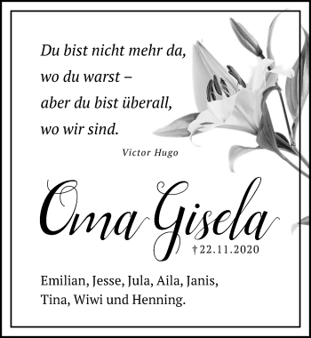 Traueranzeige von Oma Gisela  von Göttinger Tageblatt
