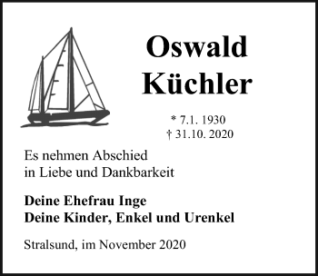 Traueranzeige von Oswald Küchler von Ostsee-Zeitung GmbH