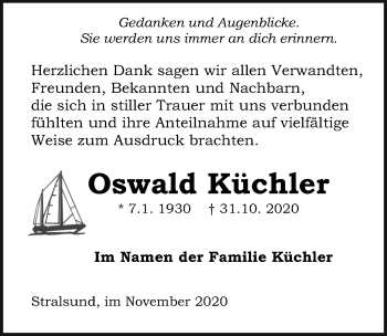 Traueranzeige von Oswald Küchler von Ostsee-Zeitung GmbH