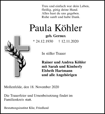 Traueranzeige von Paula Köhler von Göttinger Tageblatt