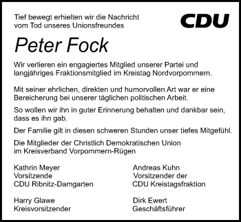 Traueranzeige von Peter Fock von Ostsee-Zeitung GmbH