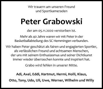 Traueranzeige von Peter Grabowski von Hannoversche Allgemeine Zeitung/Neue Presse