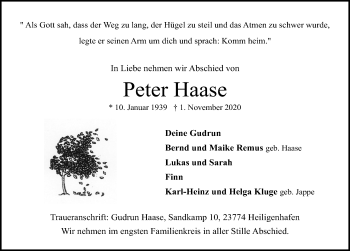 Traueranzeige von Peter Haase von Lübecker Nachrichten