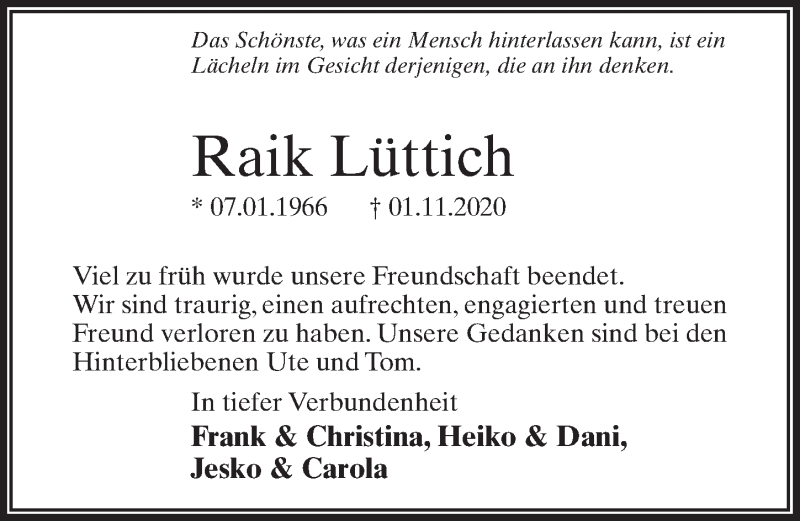  Traueranzeige für Raik Lüttich vom 21.11.2020 aus Märkischen Allgemeine Zeitung