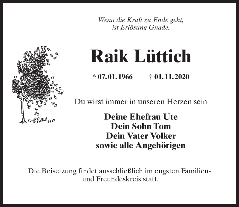  Traueranzeige für Raik Lüttich vom 14.11.2020 aus Märkischen Allgemeine Zeitung