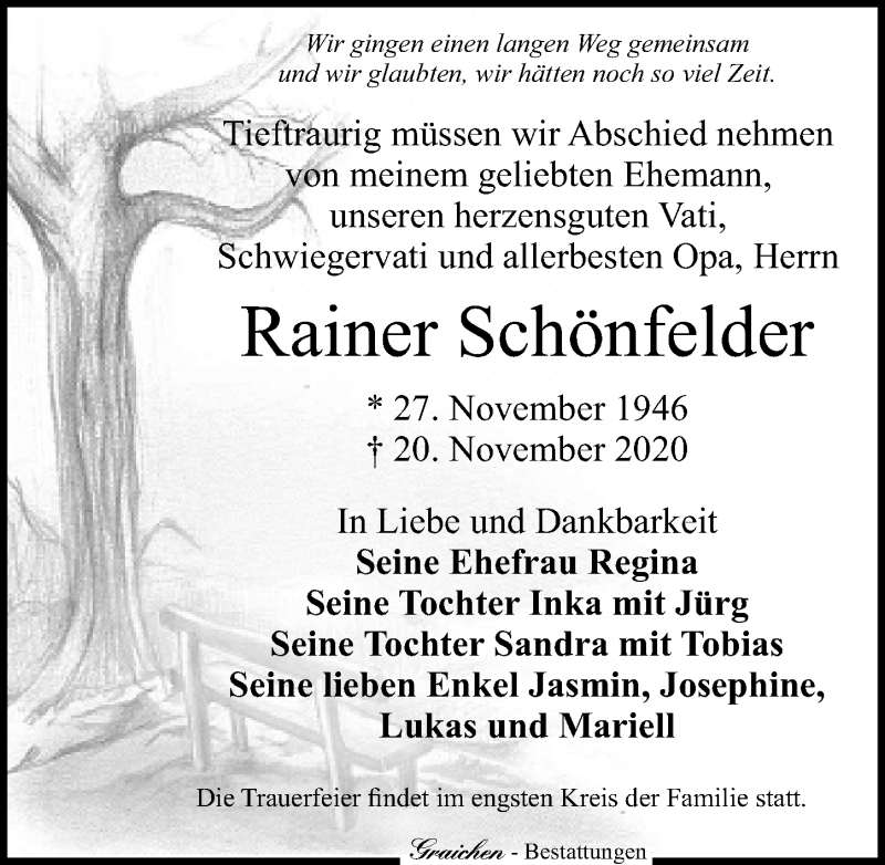  Traueranzeige für Rainer Schönfelder vom 28.11.2020 aus Leipziger Volkszeitung