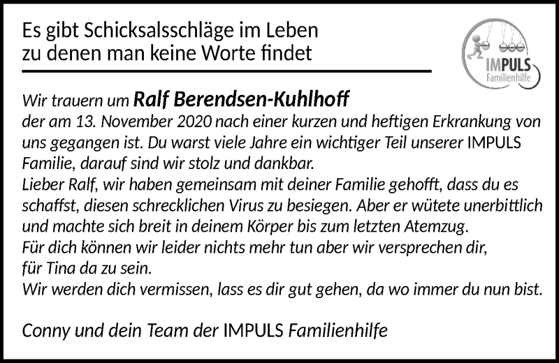  Traueranzeige für Ralf Berendsen-Kuhlhoff vom 28.11.2020 aus Kieler Nachrichten