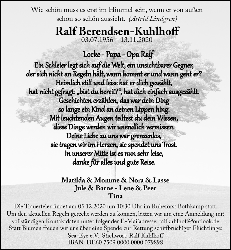  Traueranzeige für Ralf Berendsen-Kuhlhoff vom 28.11.2020 aus Kieler Nachrichten
