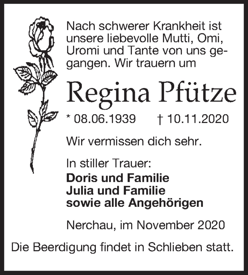  Traueranzeige für Regina Pfütze vom 21.11.2020 aus Leipziger Volkszeitung