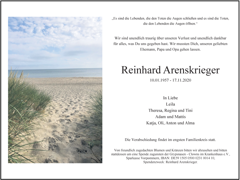  Traueranzeige für Reinhard Arenskrieger vom 21.11.2020 aus Ostsee-Zeitung GmbH