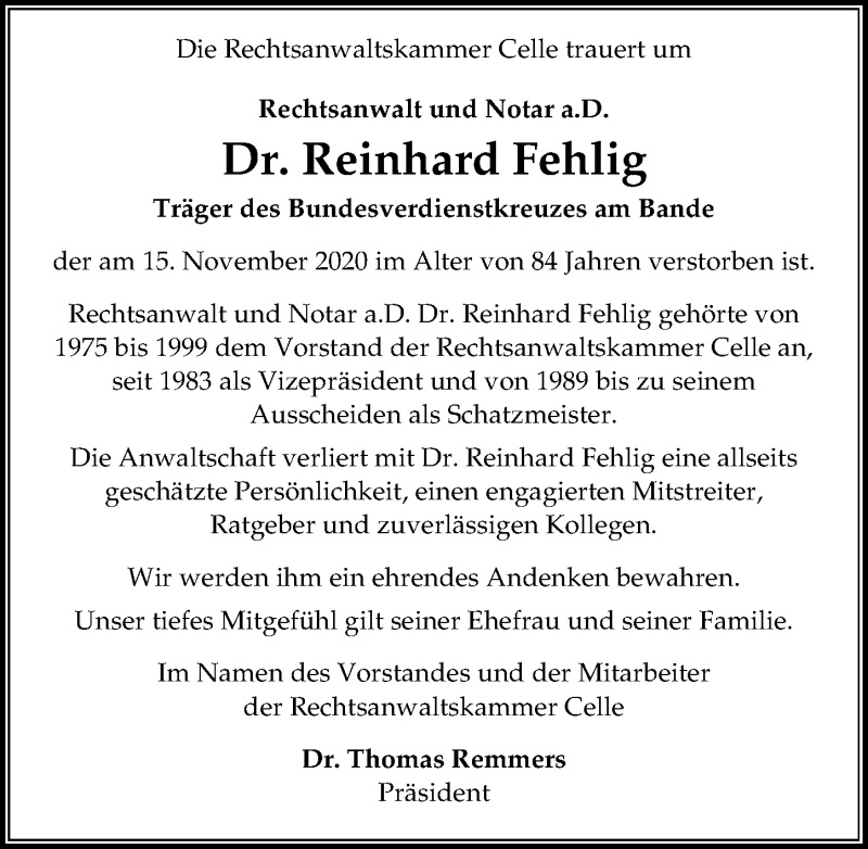 Traueranzeige für Reinhard Fehlig vom 21.11.2020 aus Hannoversche Allgemeine Zeitung/Neue Presse