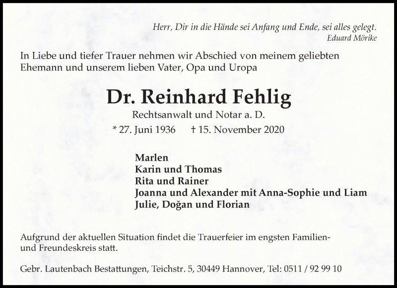  Traueranzeige für Reinhard Fehlig vom 21.11.2020 aus Hannoversche Allgemeine Zeitung/Neue Presse