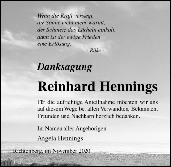 Traueranzeige von Reinhard Hennings von Ostsee-Zeitung GmbH