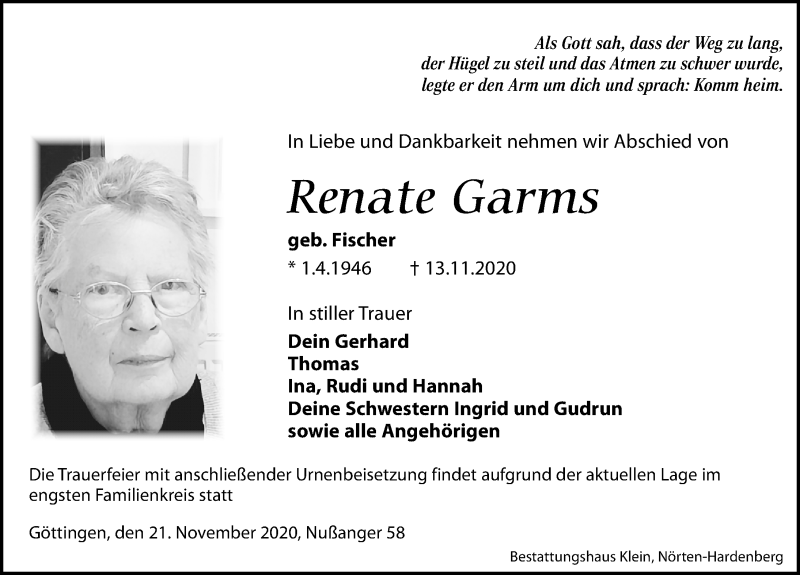  Traueranzeige für Renate Garms vom 21.11.2020 aus Göttinger Tageblatt