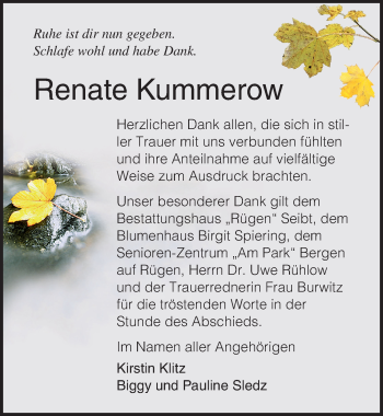 Traueranzeige von Renate Kummerow von Ostsee-Zeitung GmbH