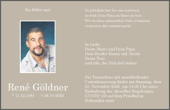 Traueranzeige von Rene Göldner