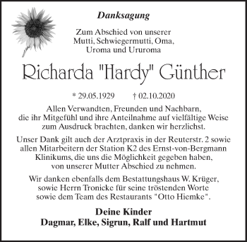 Traueranzeige von Richarda Günther von Märkischen Allgemeine Zeitung