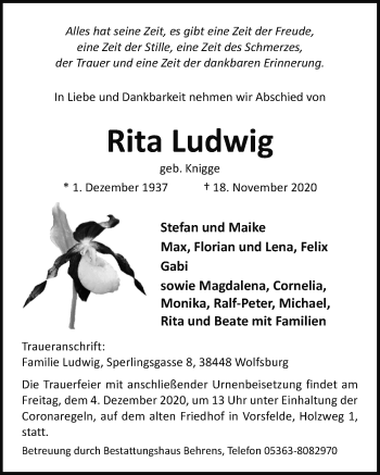 Traueranzeige von Rita Ludwig von Aller Zeitung