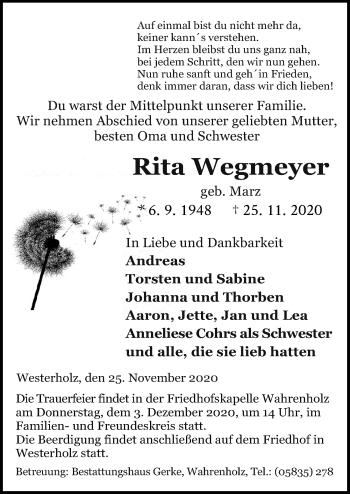Traueranzeige von Rita Wegmeyer von Aller Zeitung