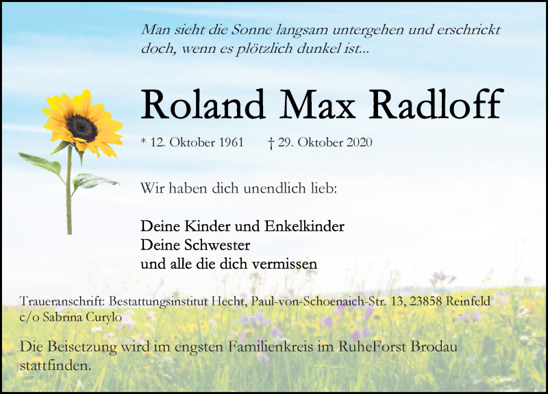  Traueranzeige für Roland Max Radloff vom 07.11.2020 aus Lübecker Nachrichten