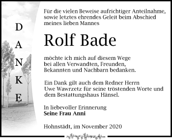 Traueranzeige von Rolf Bade von Leipziger Volkszeitung