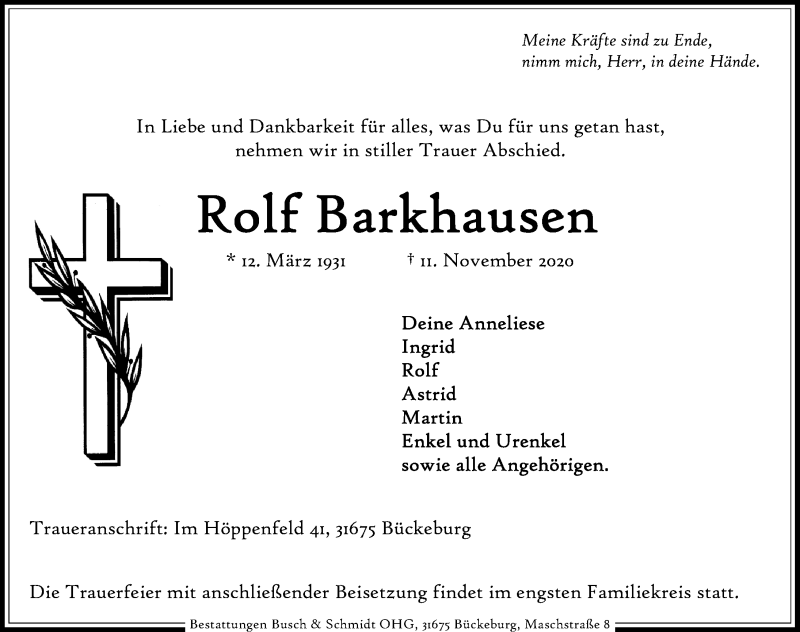  Traueranzeige für Rolf Barkhausen vom 14.11.2020 aus Schaumburger Nachrichten