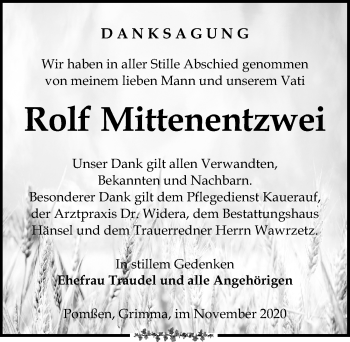 Traueranzeige von Rolf Mittenentzwei von Leipziger Volkszeitung