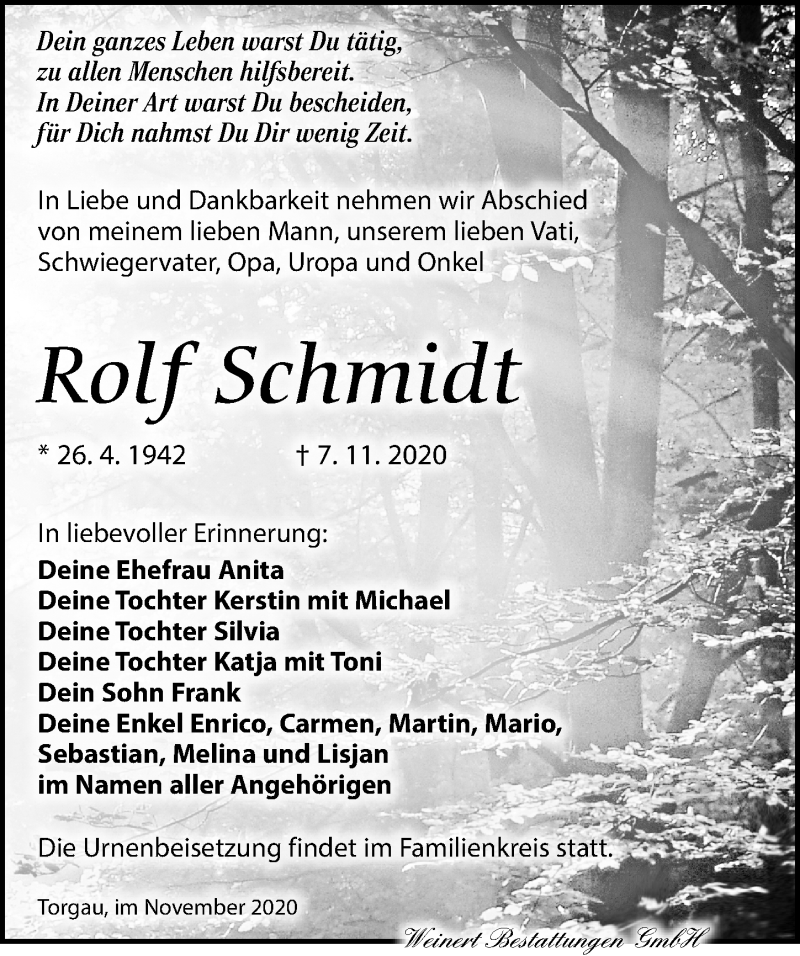  Traueranzeige für Rolf Schmidt vom 14.11.2020 aus Torgauer Zeitung