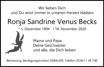 Traueranzeige von Ronja Sandrine Venus Becks von Aller Zeitung