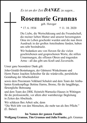 Traueranzeige von Rosemarie Grannas von Aller Zeitung