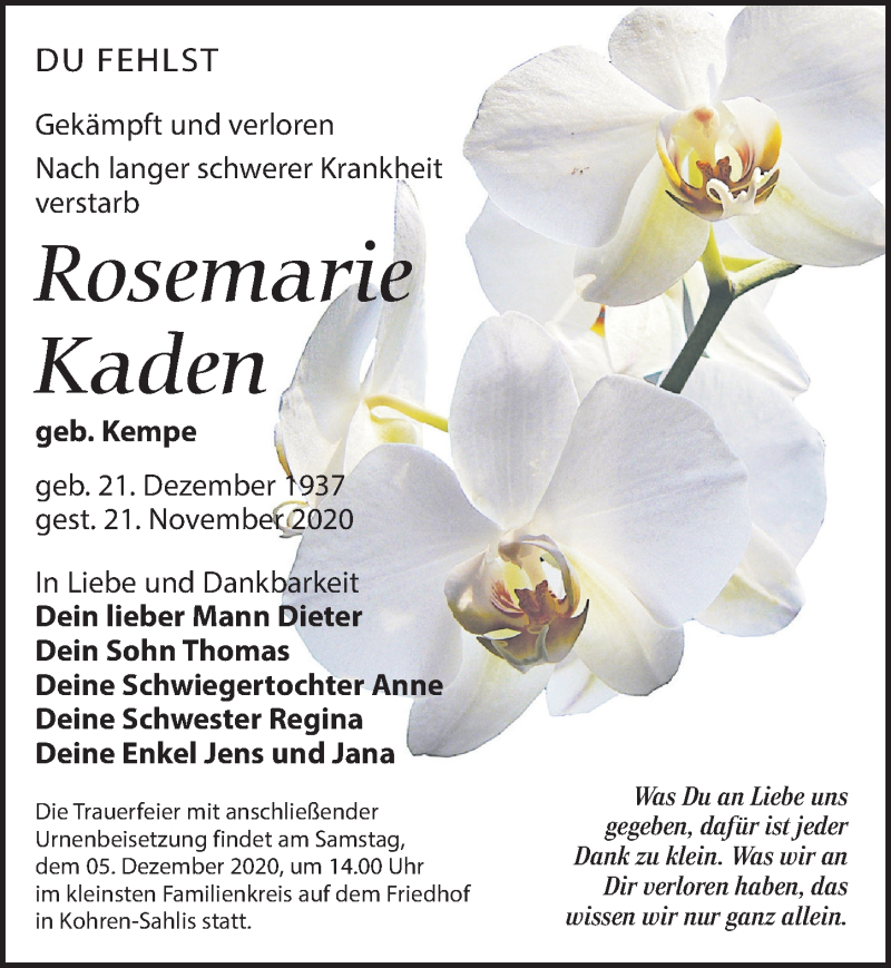  Traueranzeige für Rosemarie Kaden vom 28.11.2020 aus Leipziger Volkszeitung