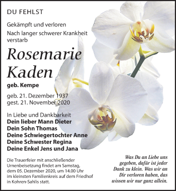 Traueranzeige von Rosemarie Kaden von Leipziger Volkszeitung