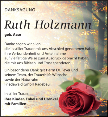 Traueranzeige von Ruth Holzmann von Leipziger Volkszeitung