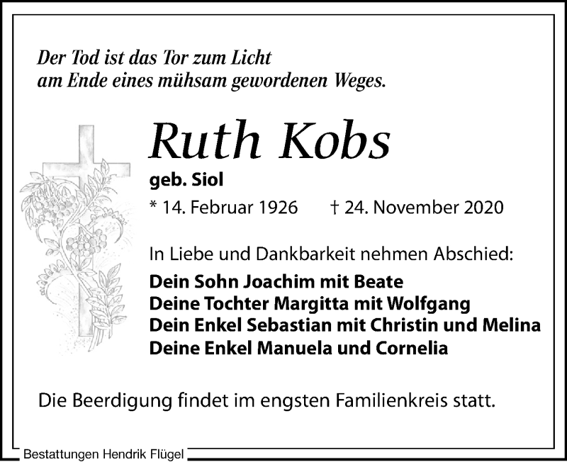  Traueranzeige für Ruth Kobs vom 28.11.2020 aus Leipziger Volkszeitung