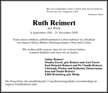 Traueranzeige von Ruth Reimert von Göttinger Tageblatt