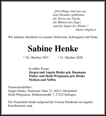 Traueranzeige von Sabine Henke von Lübecker Nachrichten