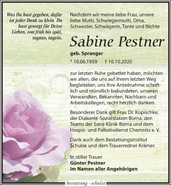 Traueranzeige von Sabine Pestner von Leipziger Volkszeitung